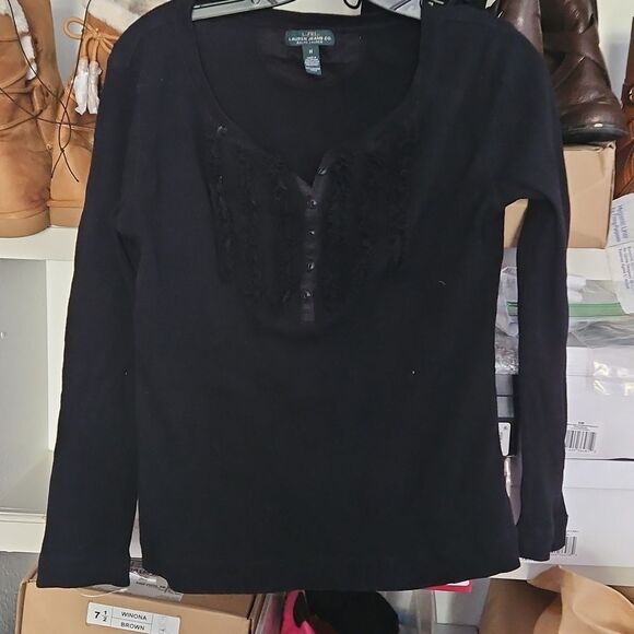 Ralph Lauren black ruffle front top M - Picture 2 of 7